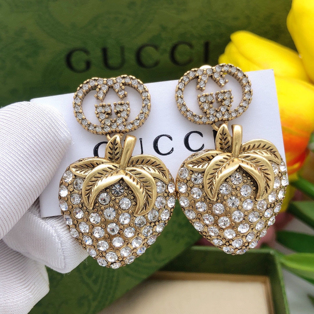 18K Double Gucci Crystal Strawberry Pendant Earrings