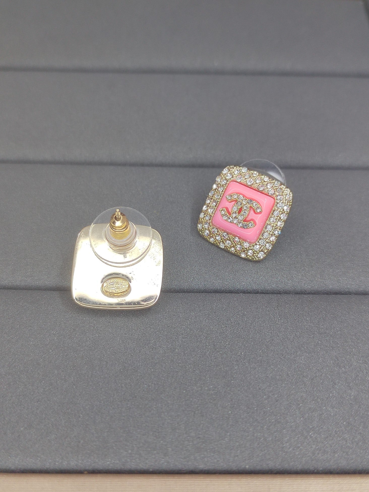 18K  Chanel Diamond Square Pink Earrings