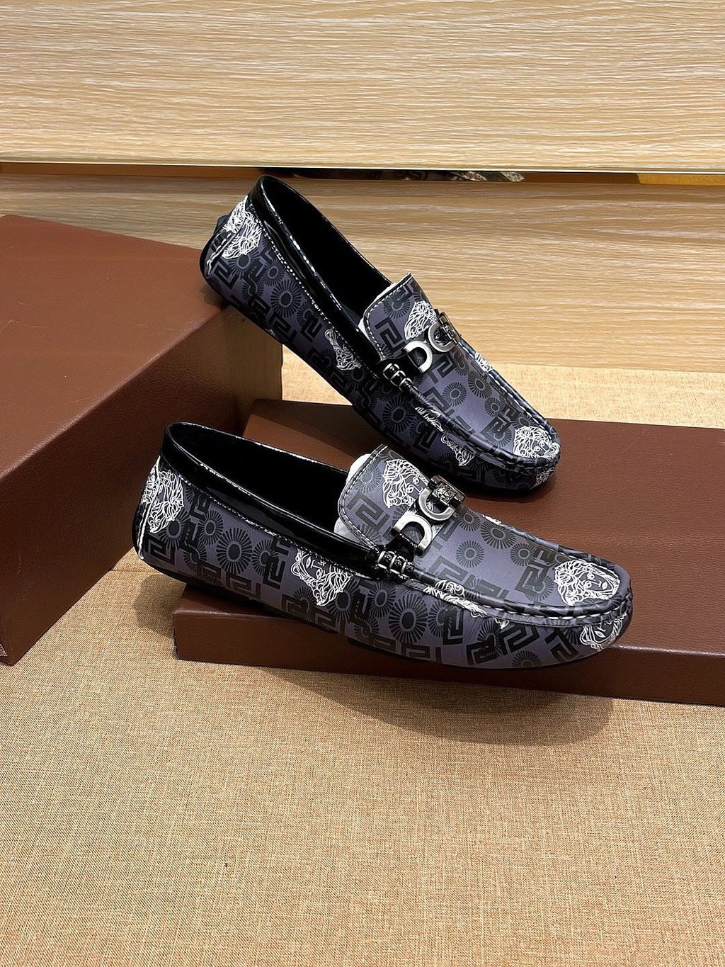 Versace Black and Gray Patterned Loafers — front