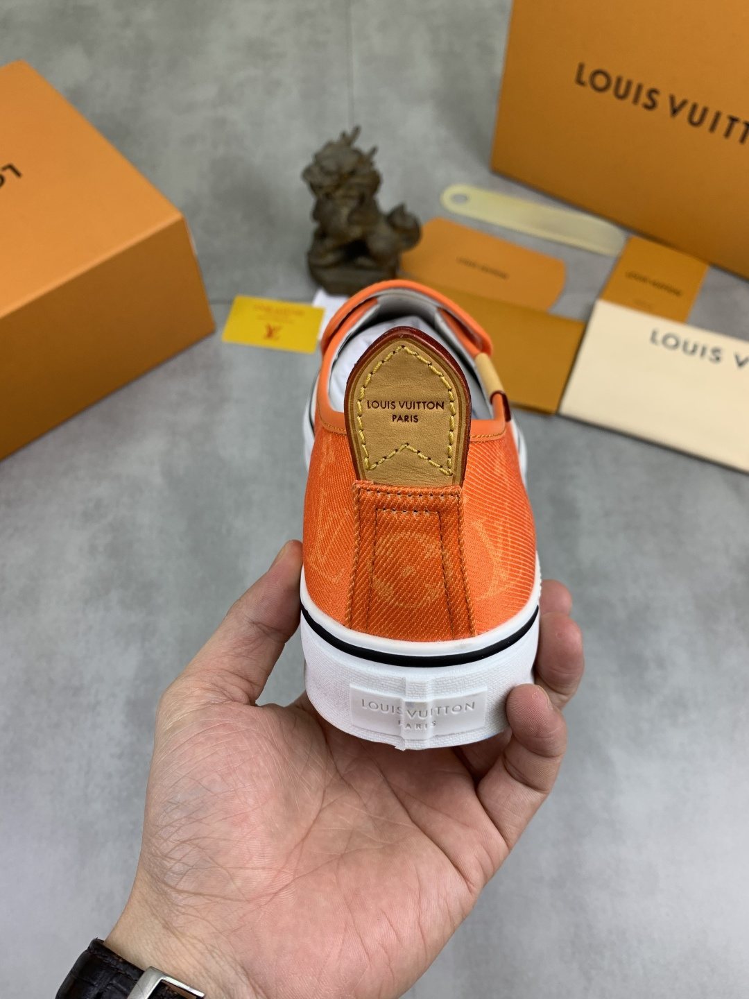 Louis Vuitton Orange Patterned Slip-On Shoes — back