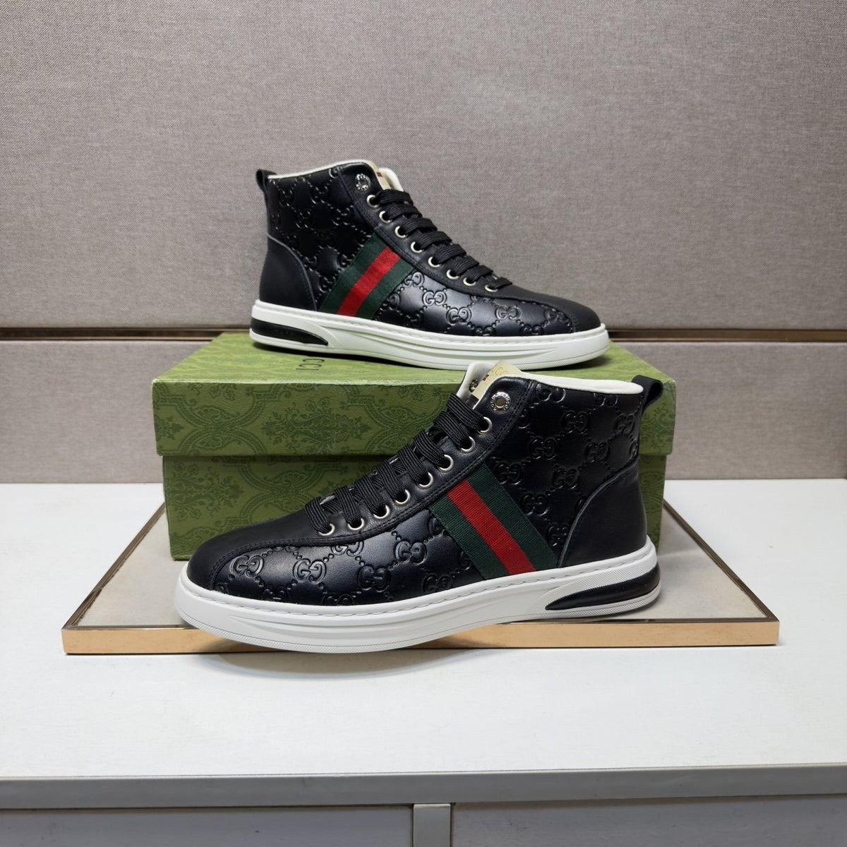Gucci Green and Red Stripe High-Top Sneakers — model