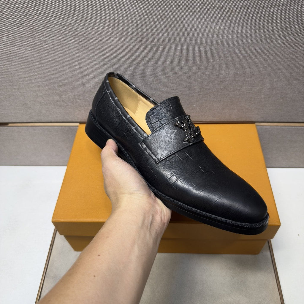 Louis Vuitton Men's Patterned-Strap Loafers — model