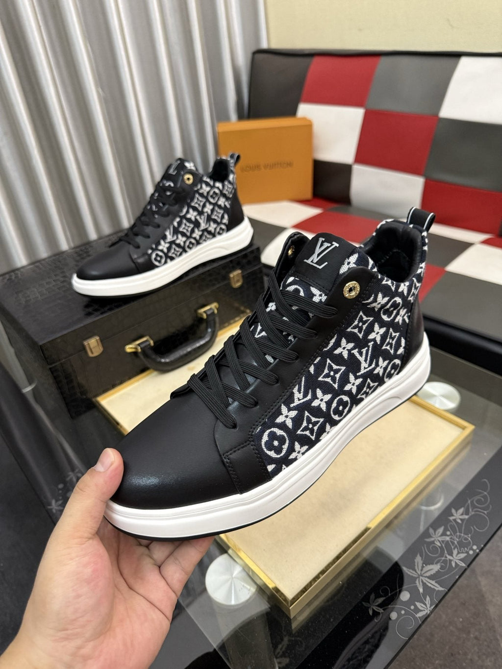 Louis Vuitton Patterned Panel High-Top Sneakers — model
