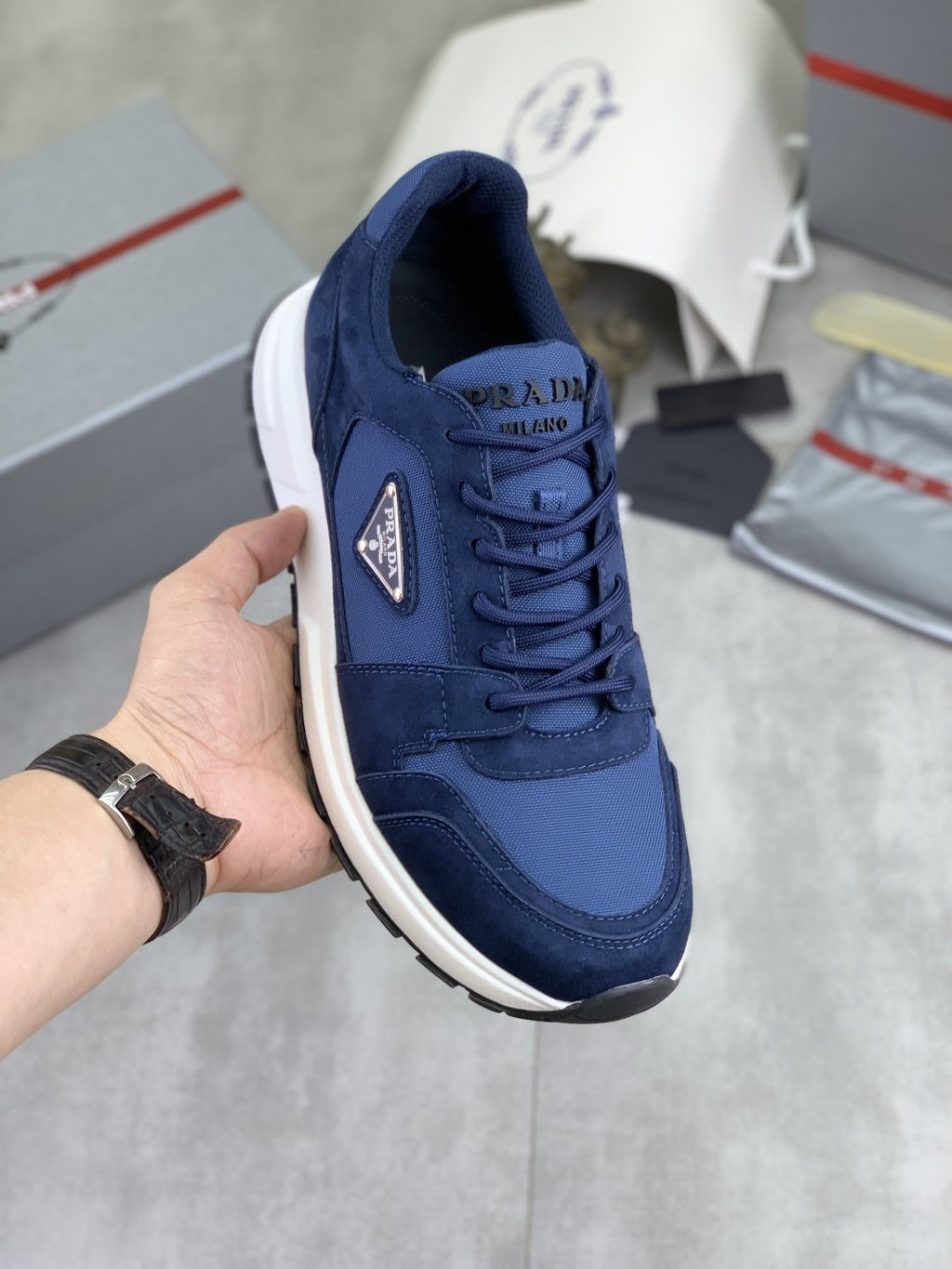 Prada Gray Paneled Men's Sneakers — model